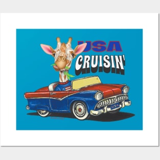 Humorous and Cute Giraffe driving in a cute classic car in the USA Posters and Art